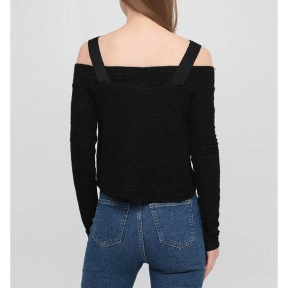 Zara Off-The-Shoulder Top With Straps Black Long Sleeve Travel Crinkled Blouse M - Picture 3 of 9